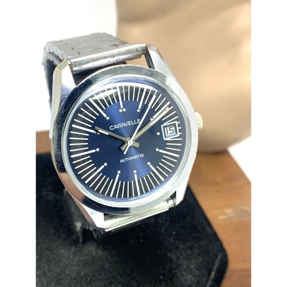 Caravelle Men's Watch 1970'S Vintage Automatic Blue Dial Date Silver Steel 36mm - Picture 13 of 14